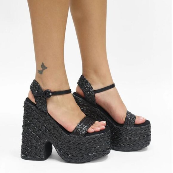 $7 BRAND NEW | LEMONADE Espadrille Platform Block Heels - Black - Picture 1 of 2